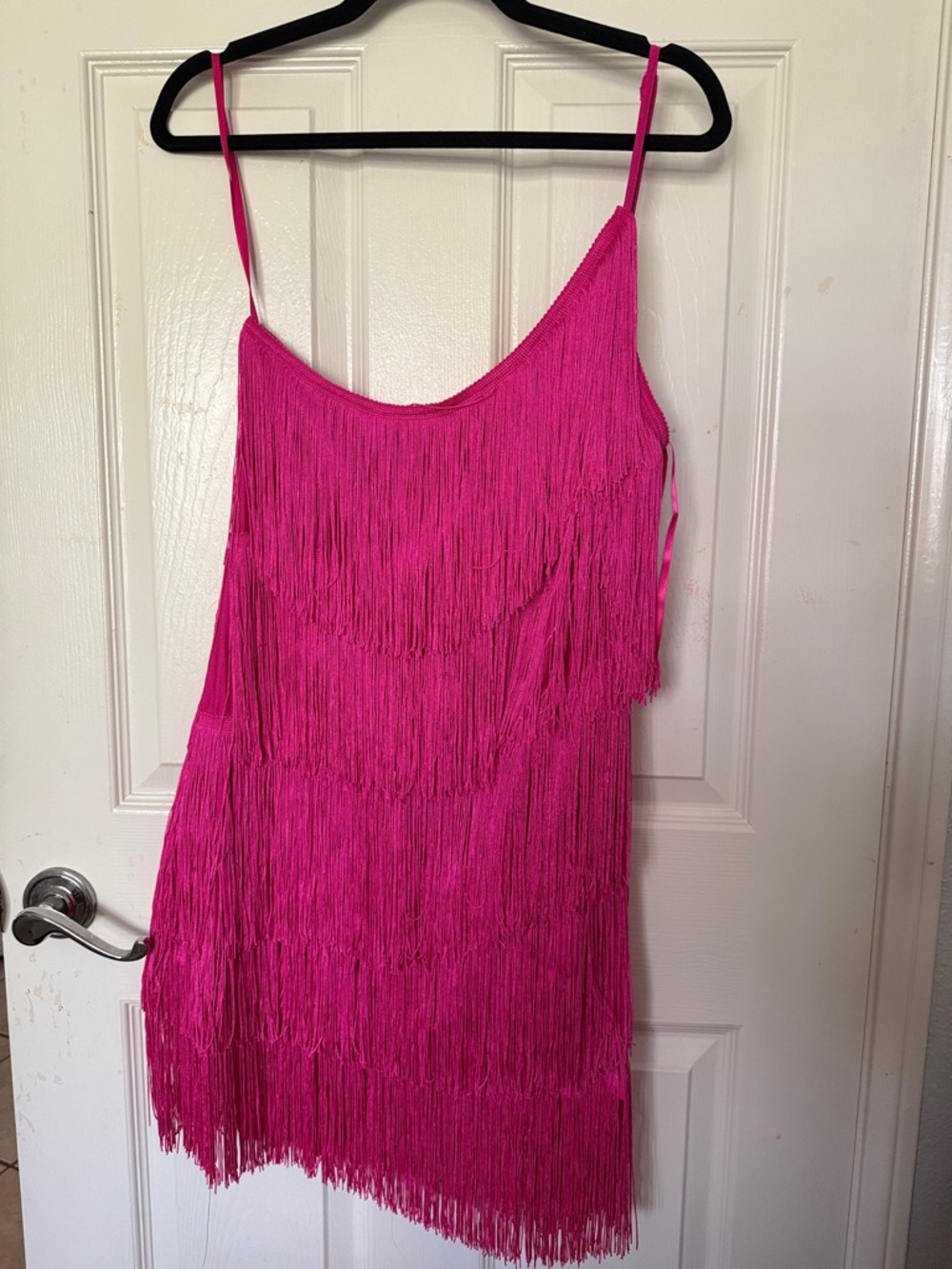 One shoulder Hot Pink Fringe Dress